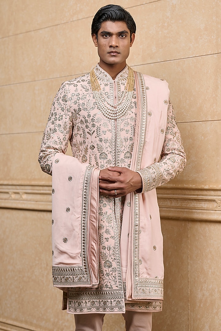 Pink Viscose Embroidered Groom Sherwani Set by TASVA at Pernia's Pop Up Shop